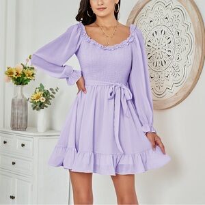 EXLURA Sweetheart Neckline Ruffle Flowy Smocked Long Puff Sleeve Mini Dress